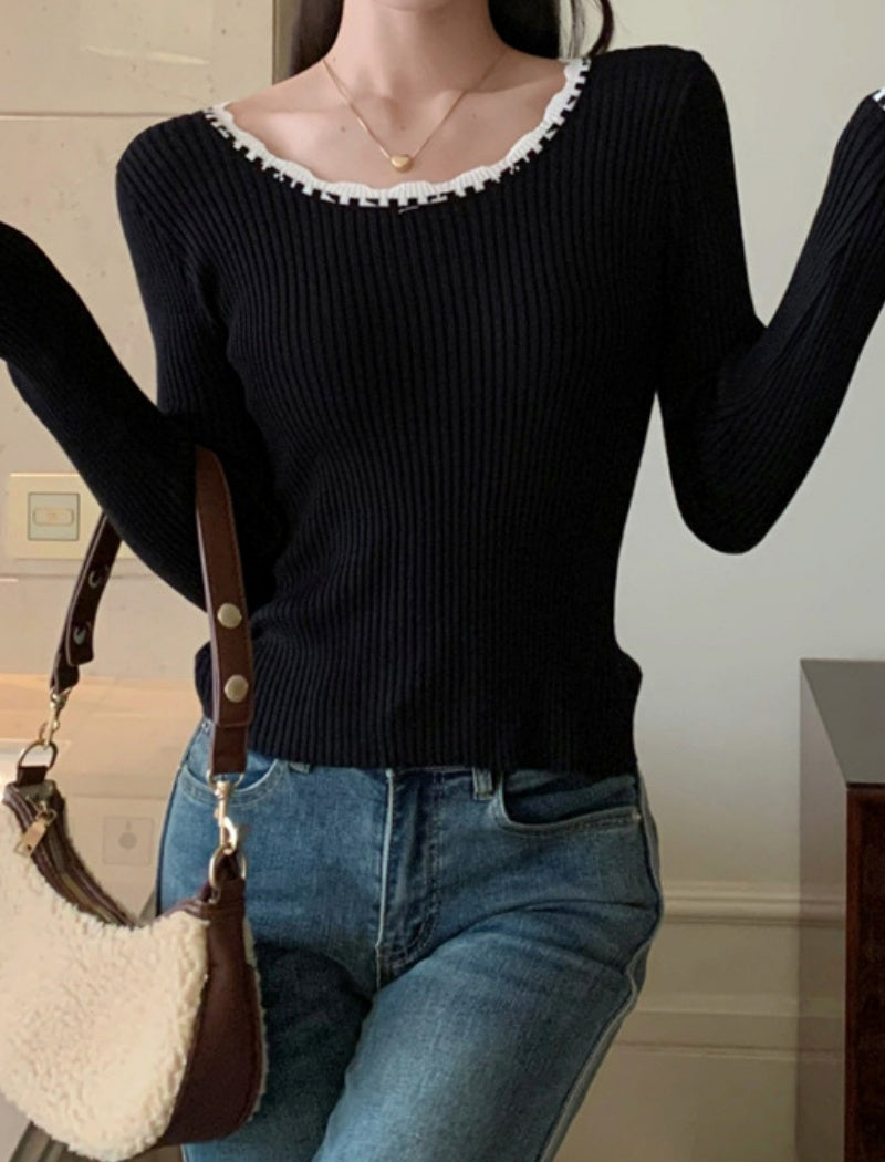 Ribbed Long-Sleeve Knit Top with Contrast Trim
