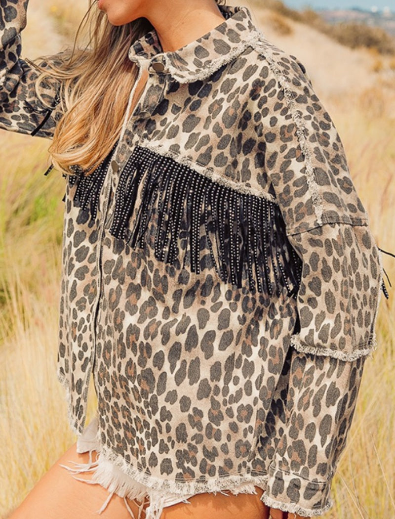 Leopard Fringe Denim Jacket with Raw Hem