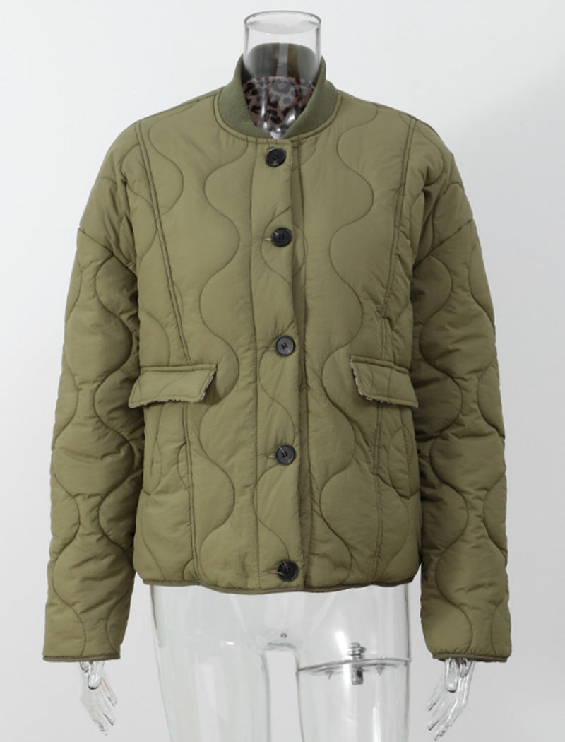 Quilted Jacket with Leopard Print Trim