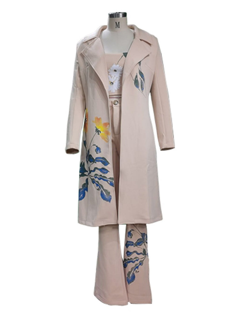 Floral Print Tube and Pants and Trench Coat Set