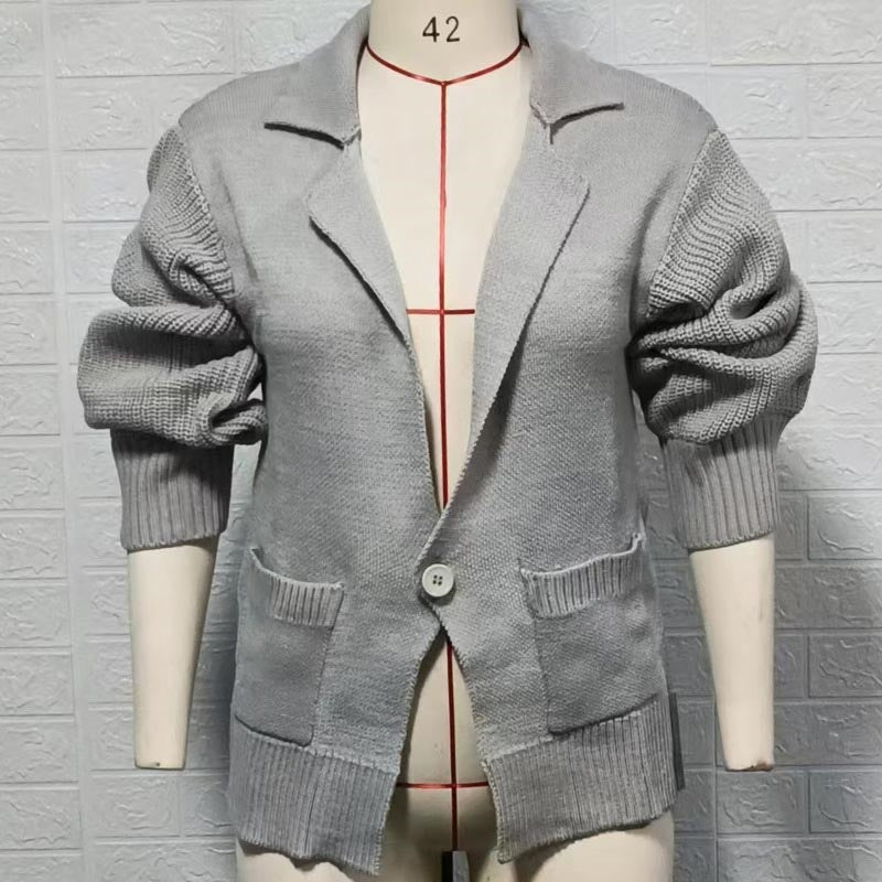 Blazer Collar Long Sleeve Knit Cardigan