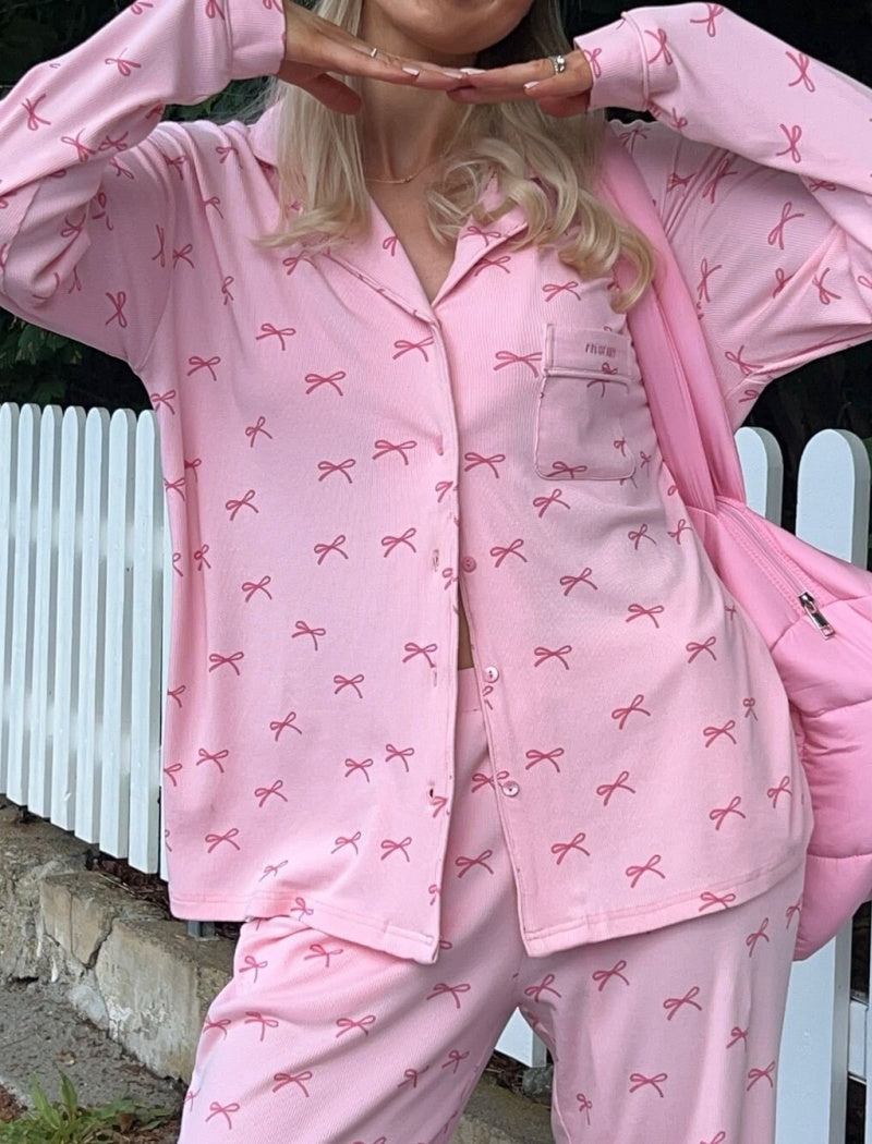 Pink Bow Print Pajama Set
