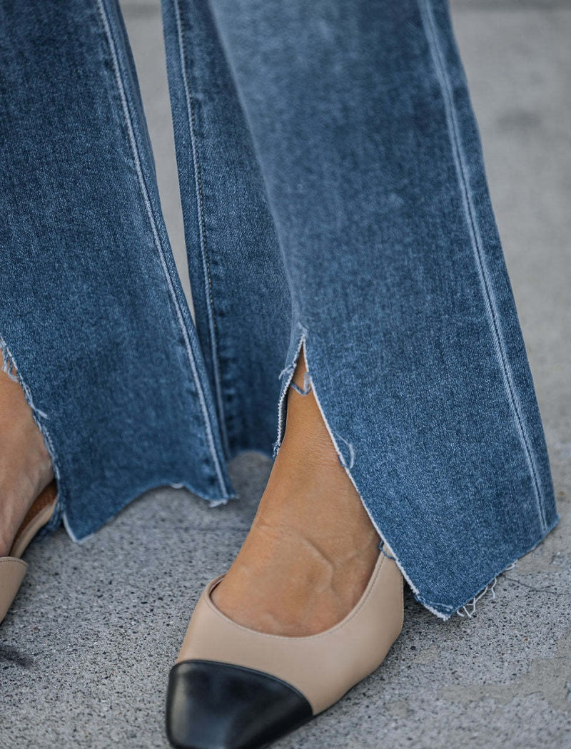 High-Waisted Flared Jeans with Front Slit