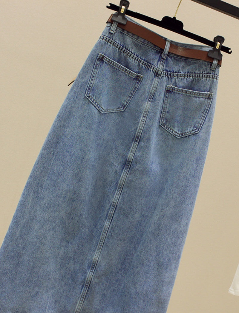 High-Waist Slit Denim Midi Skirt