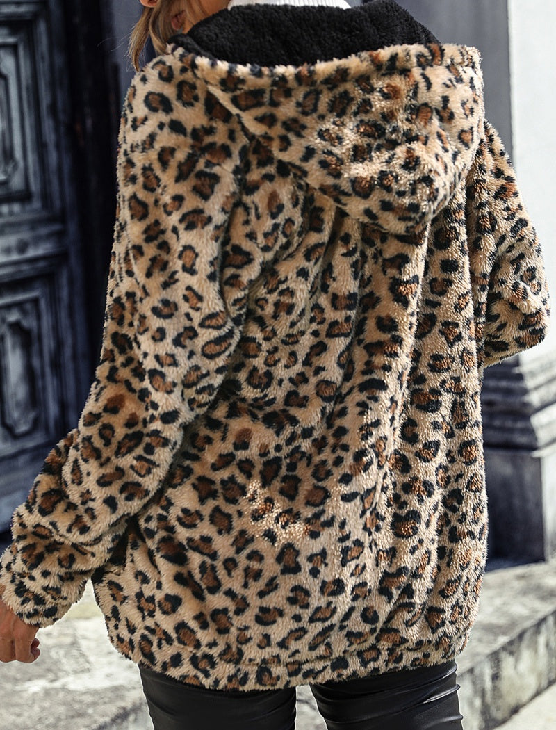 Fuzzy Leopard Print Zip-Up Jacket