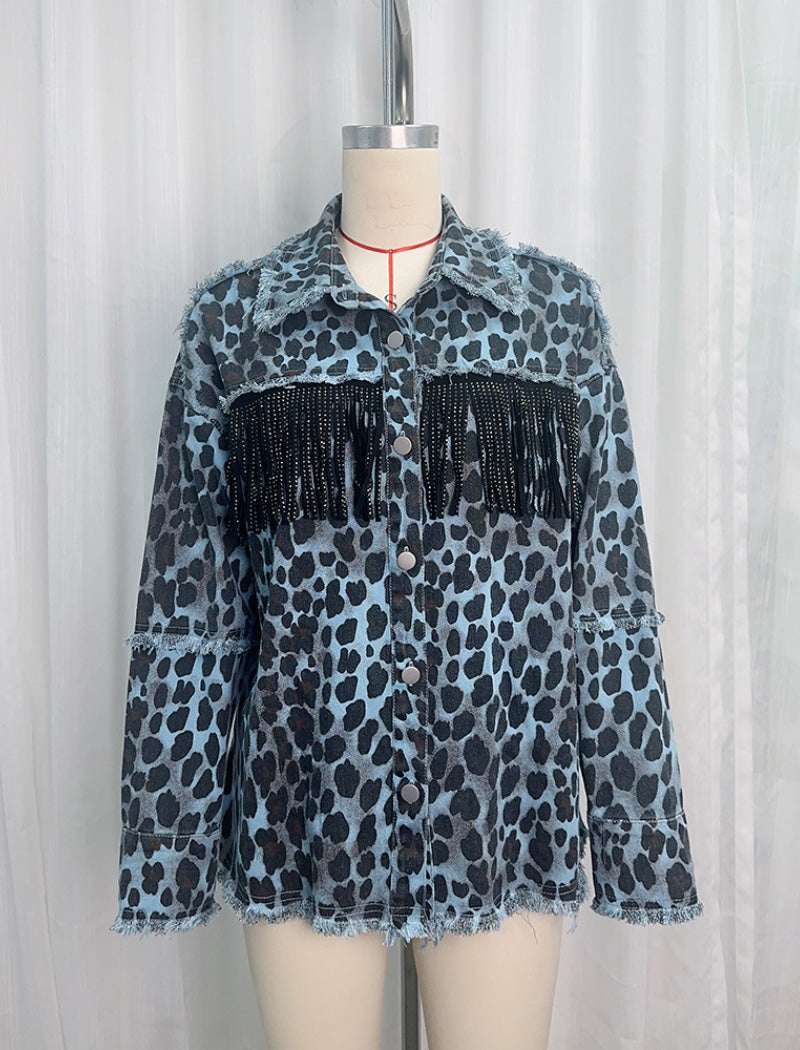 Leopard Fringe Denim Jacket with Raw Hem
