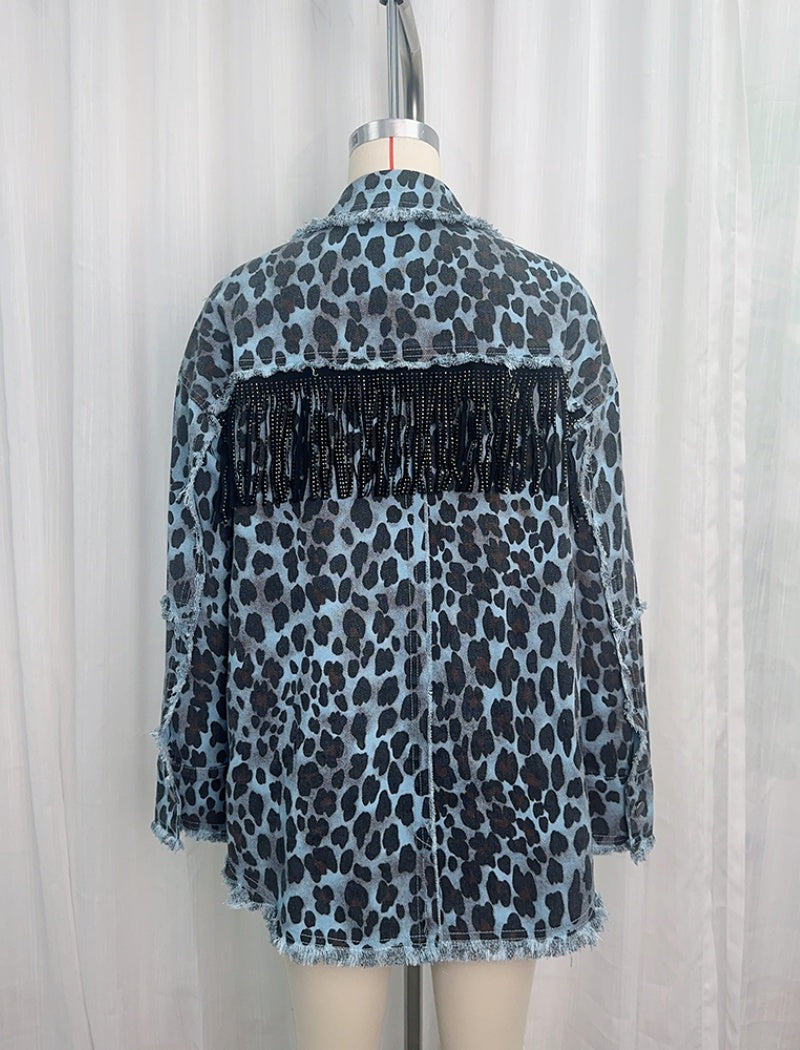 Leopard Fringe Denim Jacket with Raw Hem