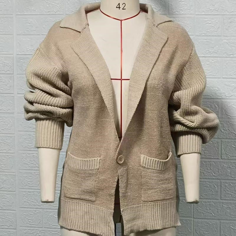 Blazer Collar Long Sleeve Knit Cardigan