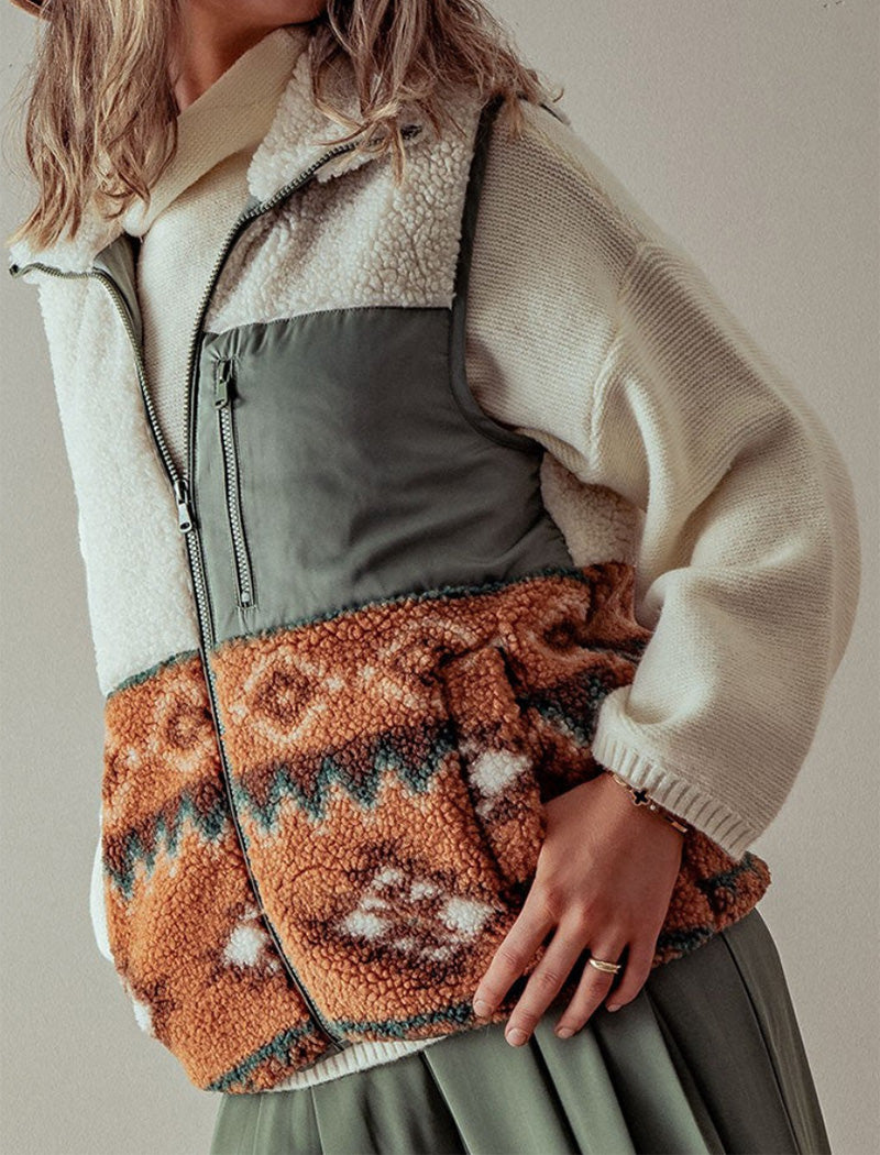 High Neck Color-Block Fleece Vest