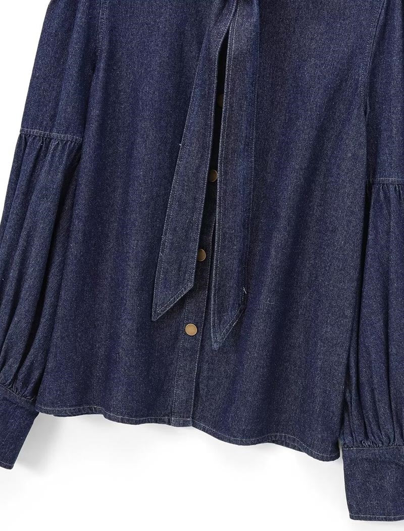 Bow-Tie Puff-Sleeve Button-Up Shirt