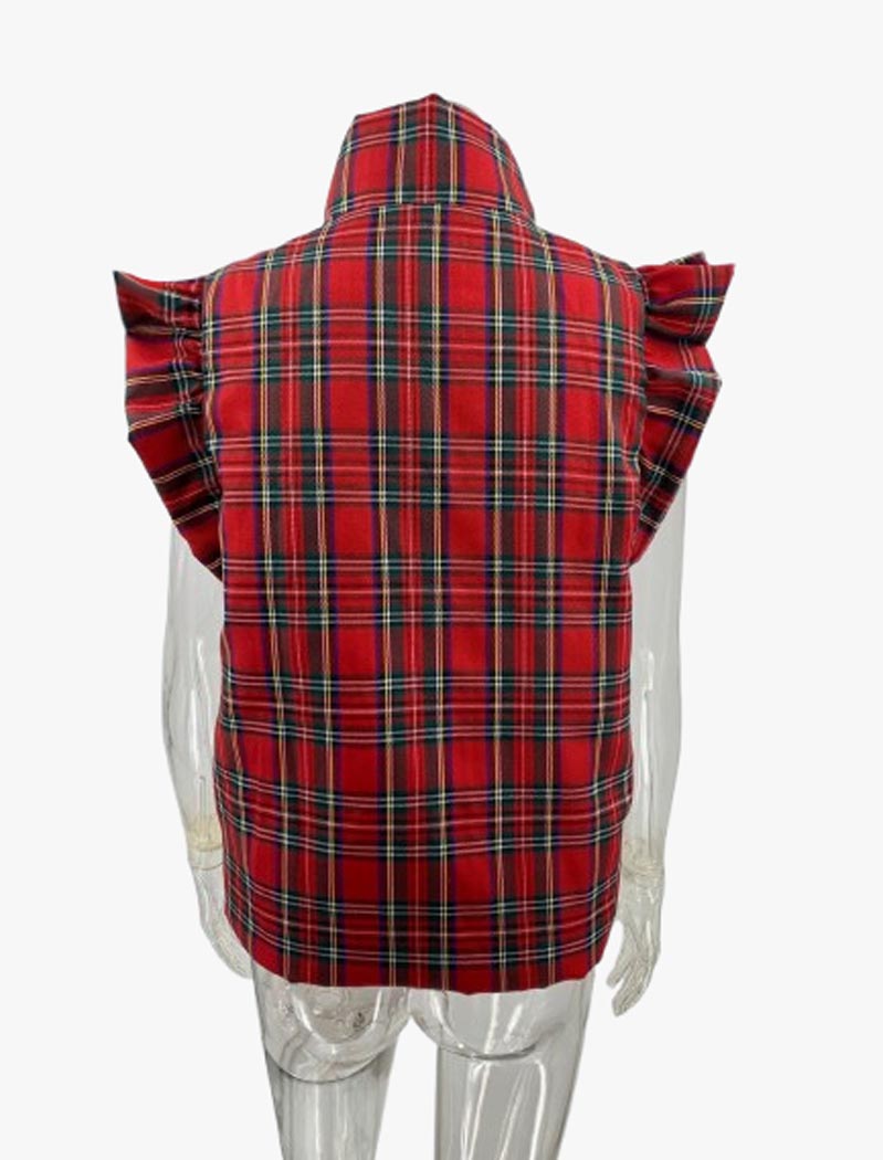 Ruffle Shoulder Plaid Puffer Vest