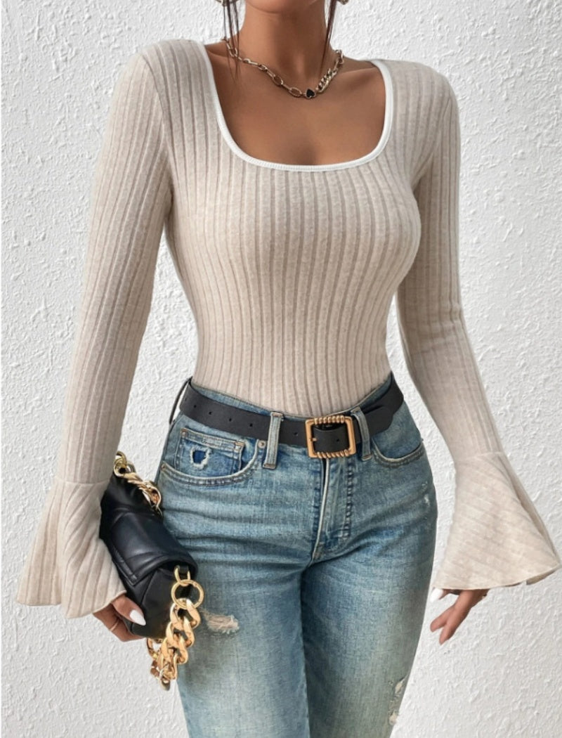 Ribbed Square Neck Long Sleeve Top