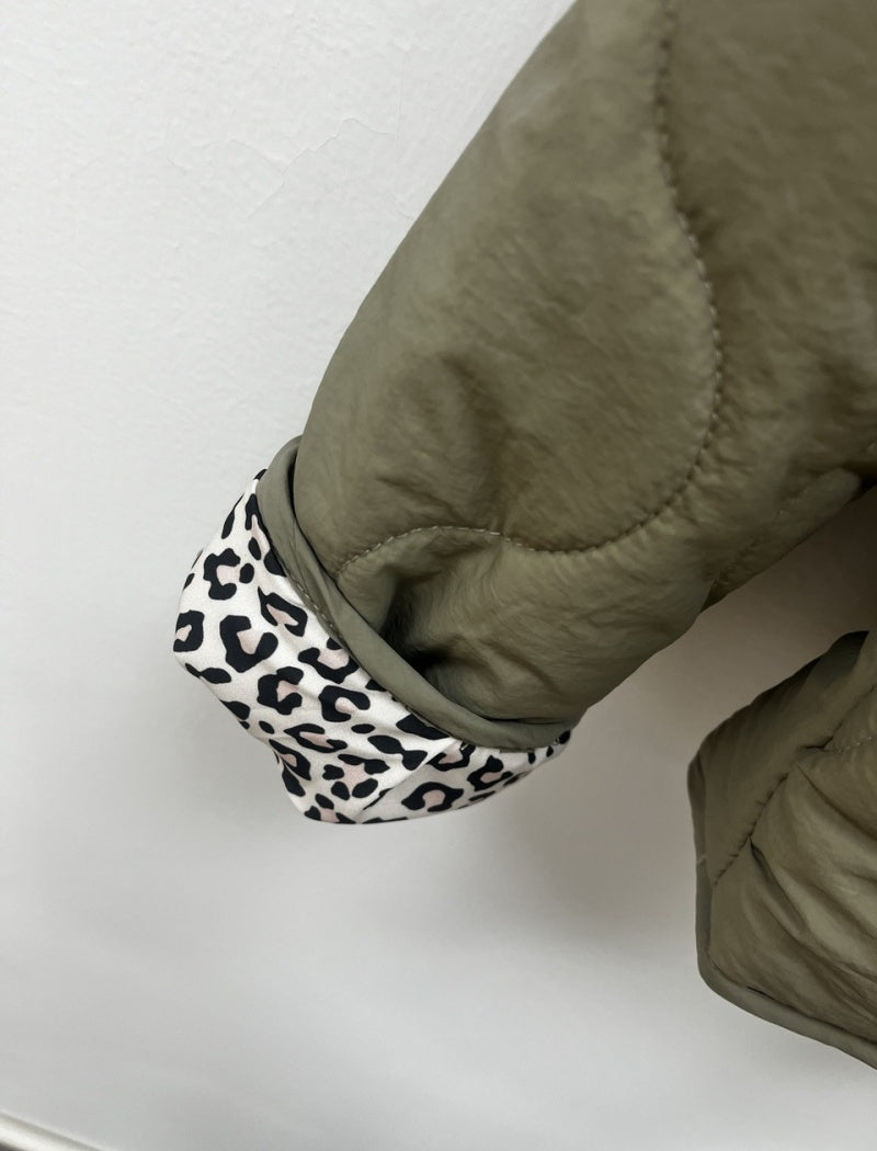 Quilted Jacket with Leopard Print Trim