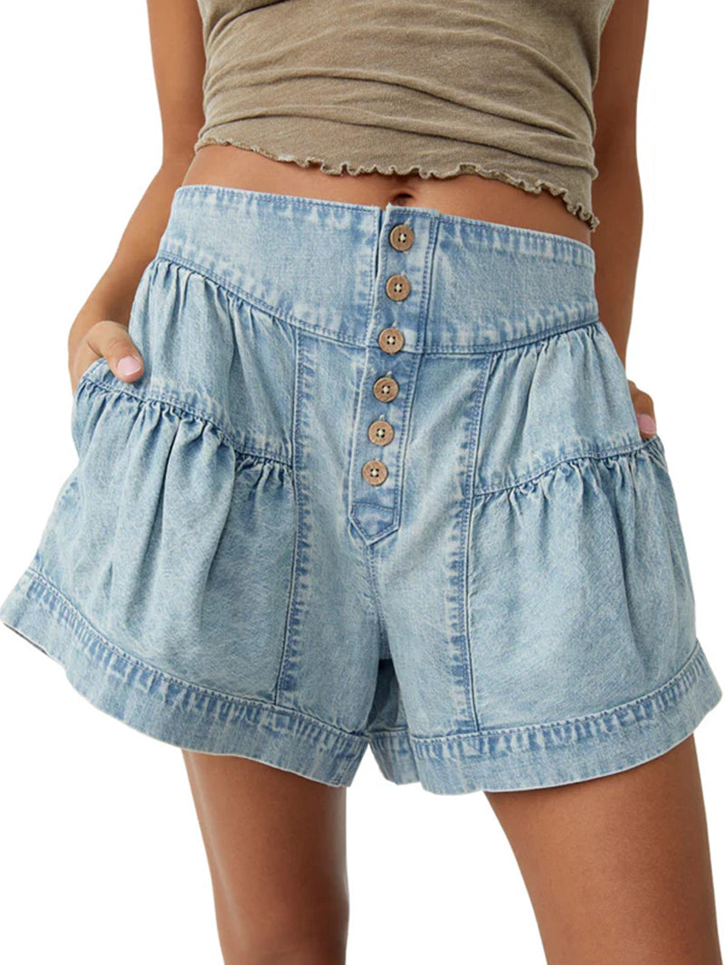 Button-Front Tiered Denim Skirt