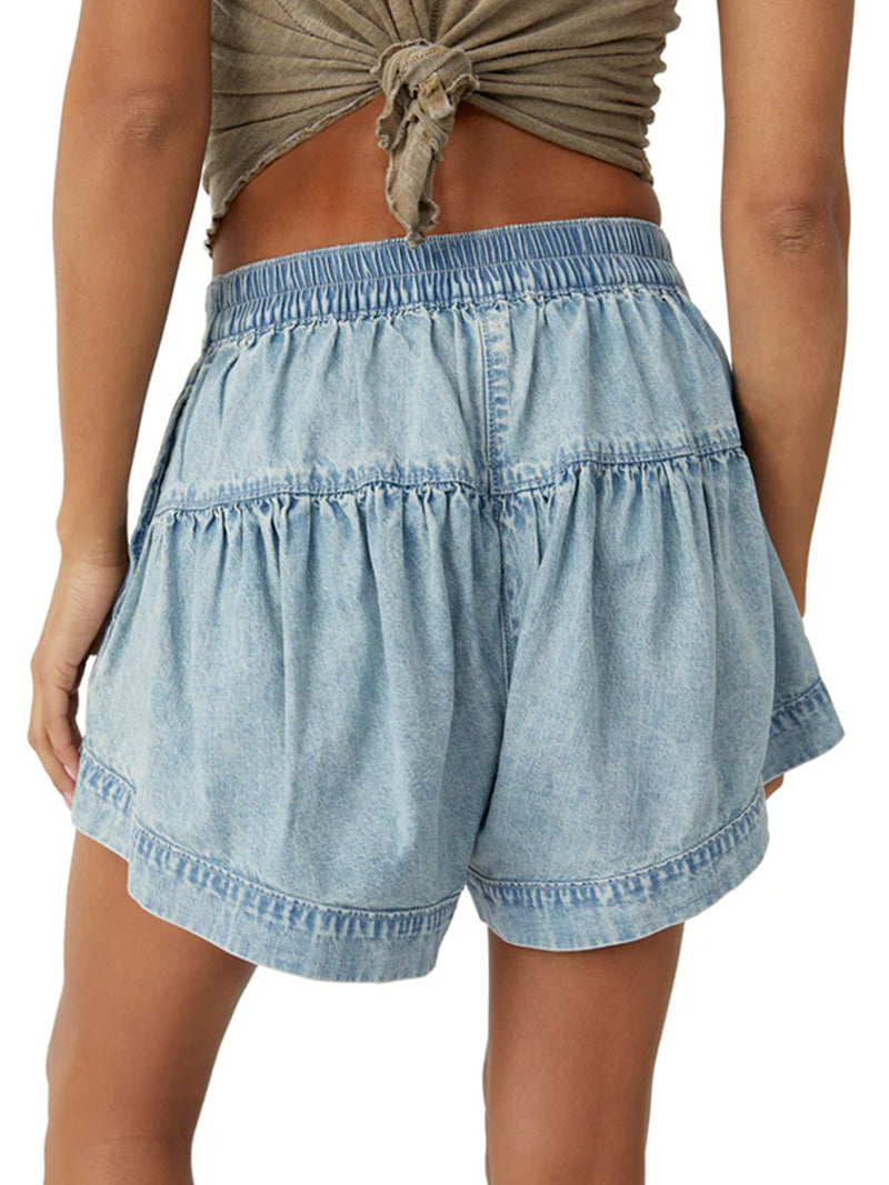 Button-Front Tiered Denim Skirt