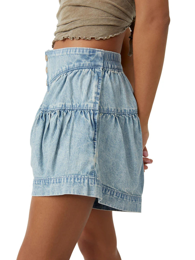 Button-Front Tiered Denim Skirt