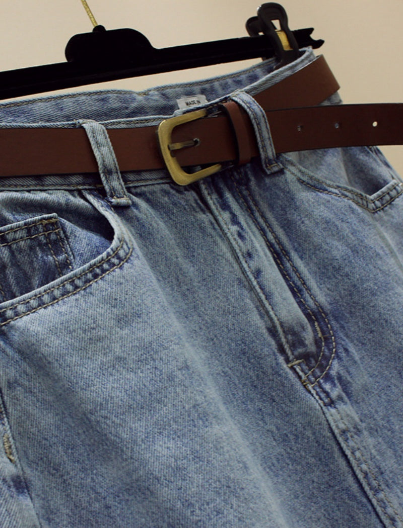 High-Waist Slit Denim Midi Skirt