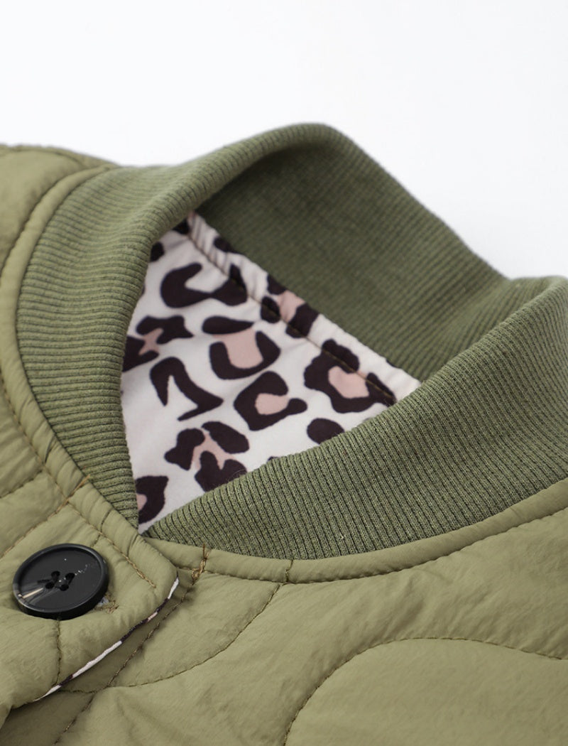 Quilted Jacket with Leopard Print Trim