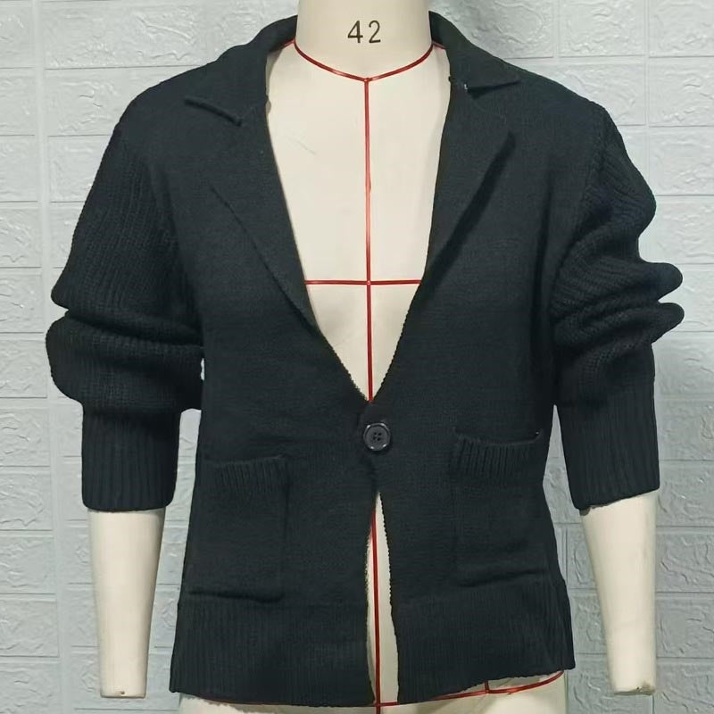 Blazer Collar Long Sleeve Knit Cardigan