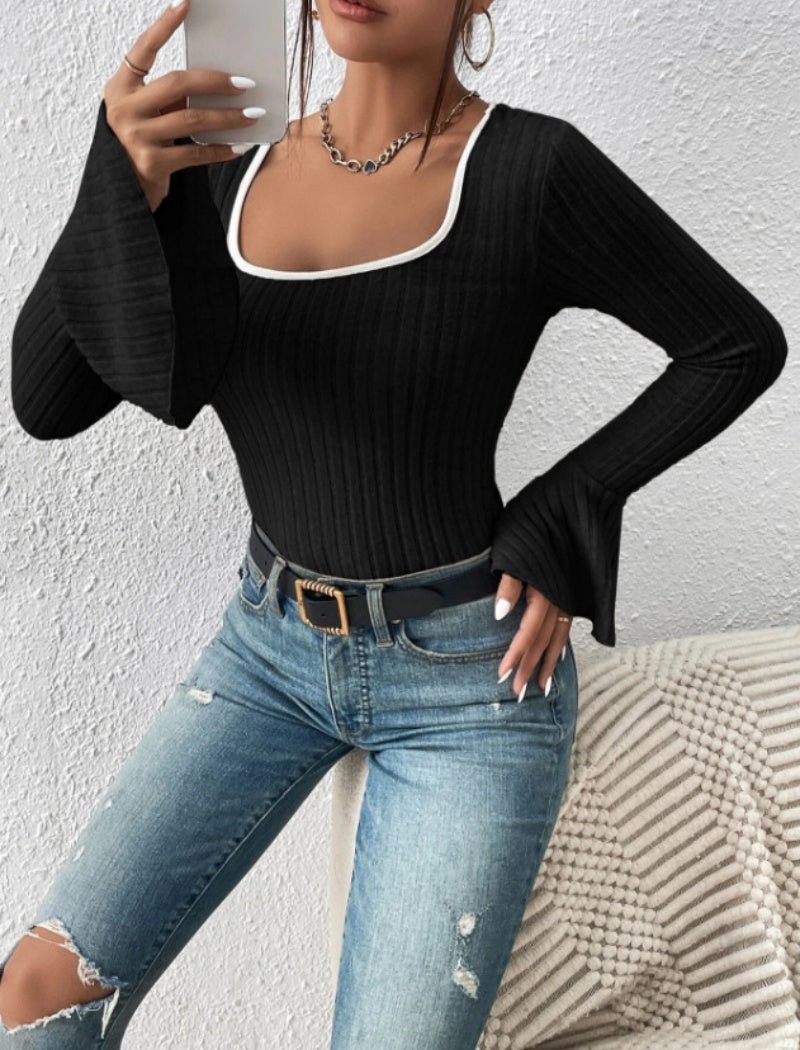 Ribbed Square Neck Long Sleeve Top