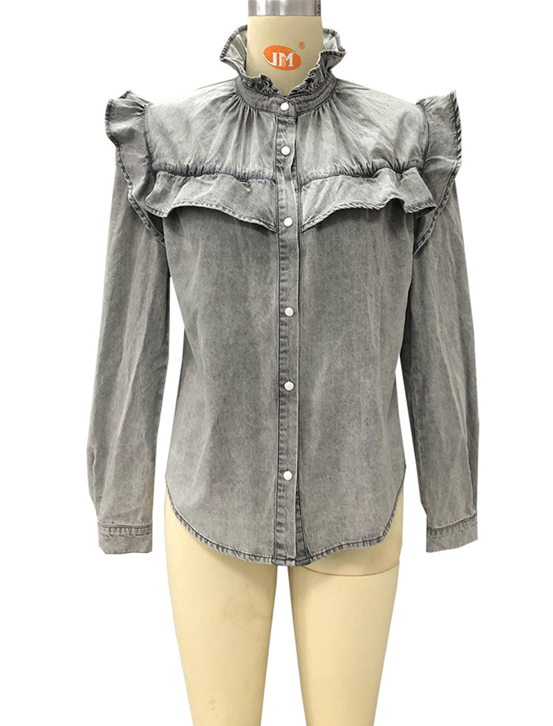Ruffled Button-Up Denim Blouse