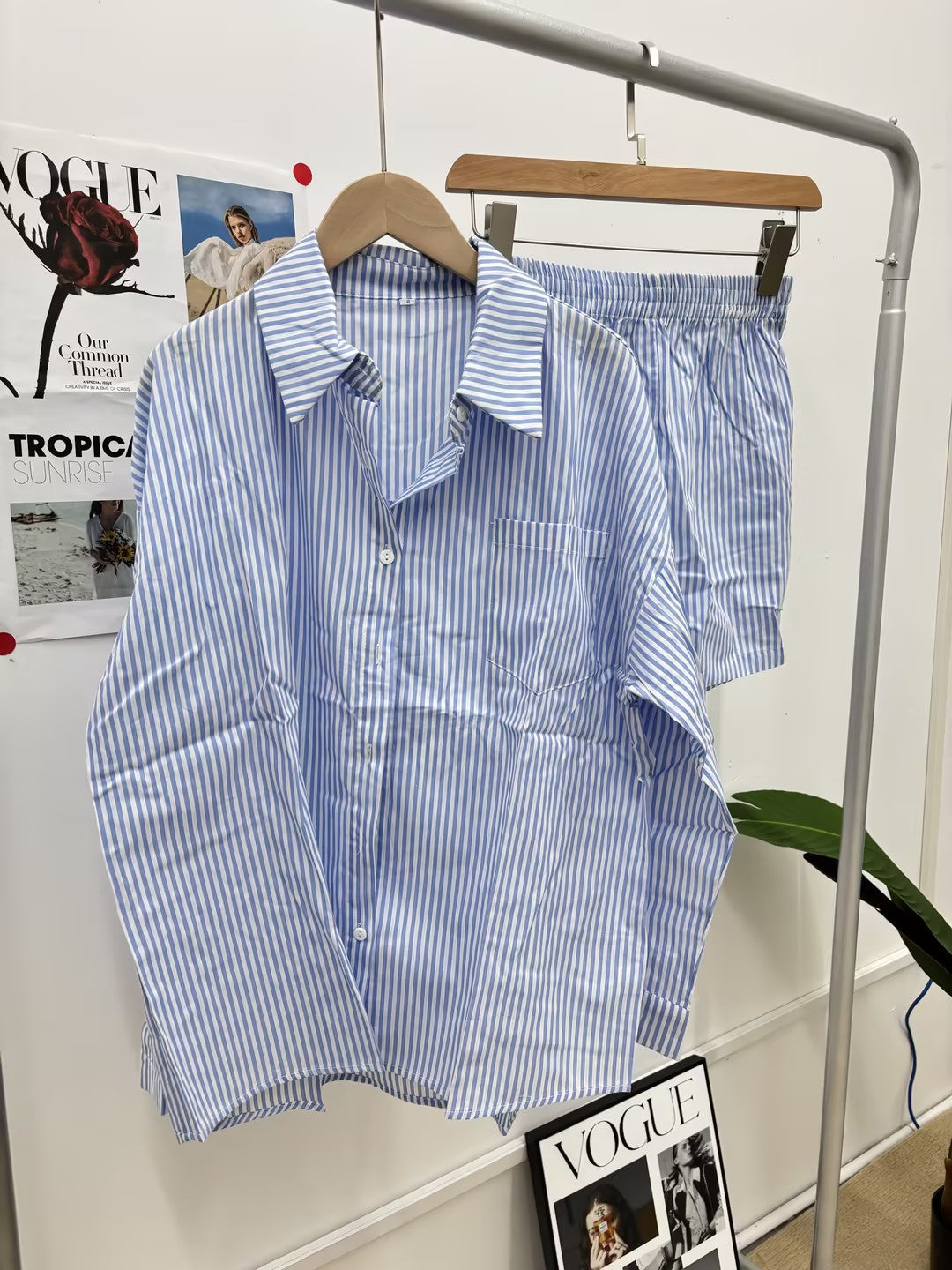 Striped Button-Up Shirt and Shorts Set