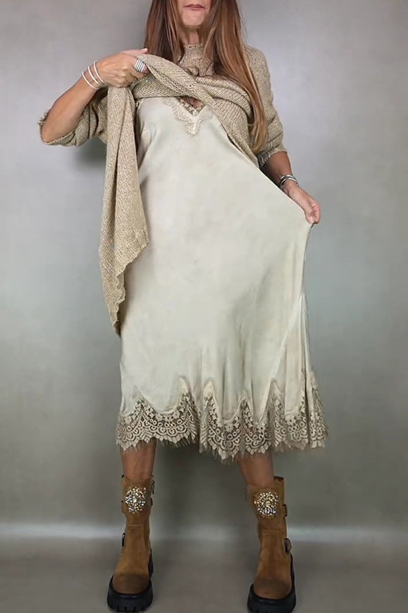 Lace Trim Casual Midi Dress