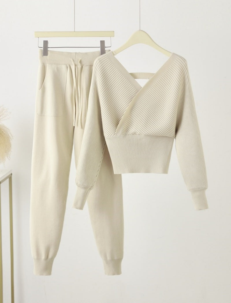 Ribbed Knit Cross-Front Lounge Set