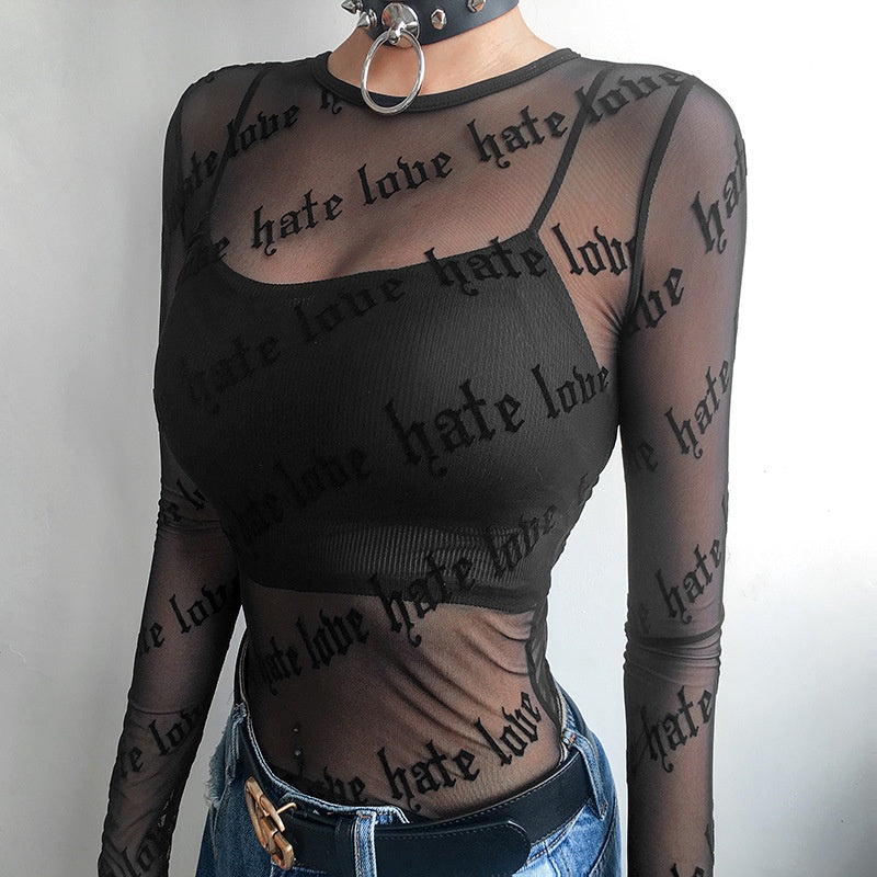 Sheer Love-Hate Print Mesh Long Sleeve Top