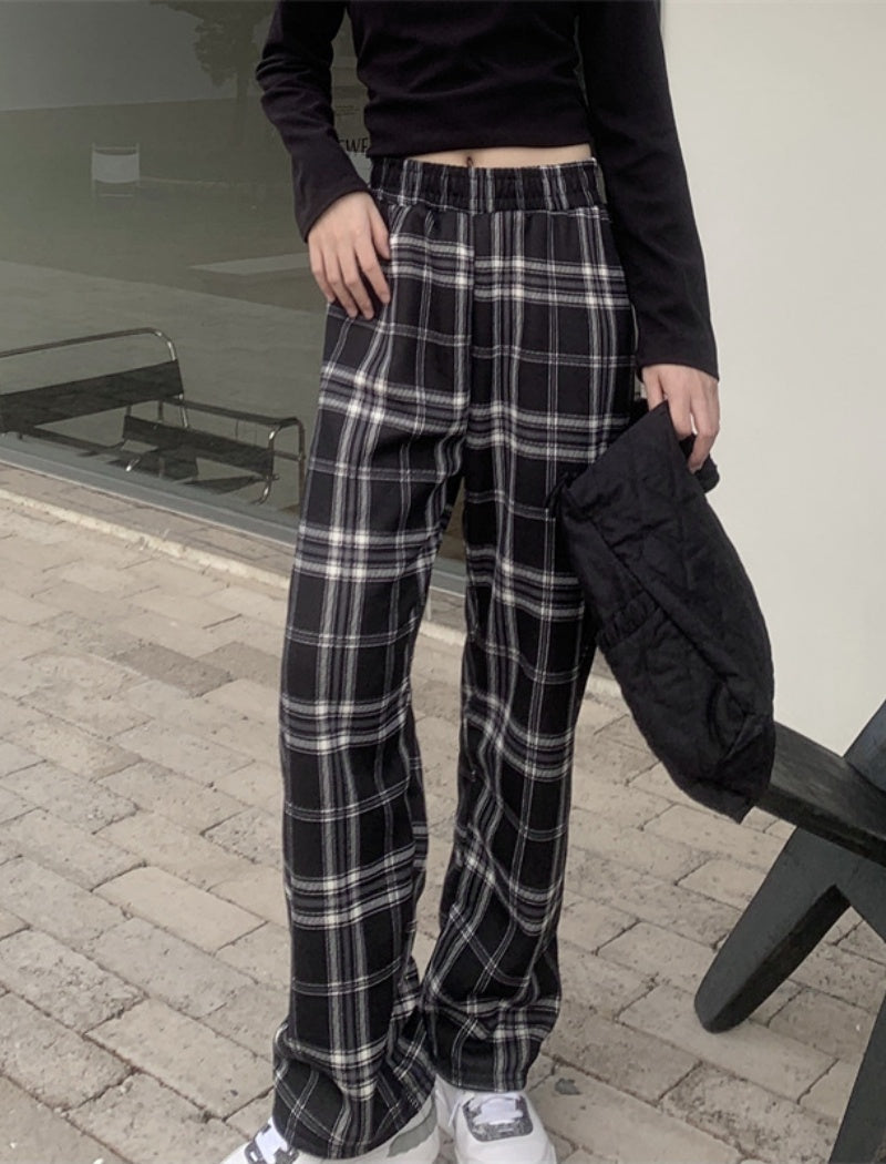 High-Waisted Plaid Straight-Leg Pants
