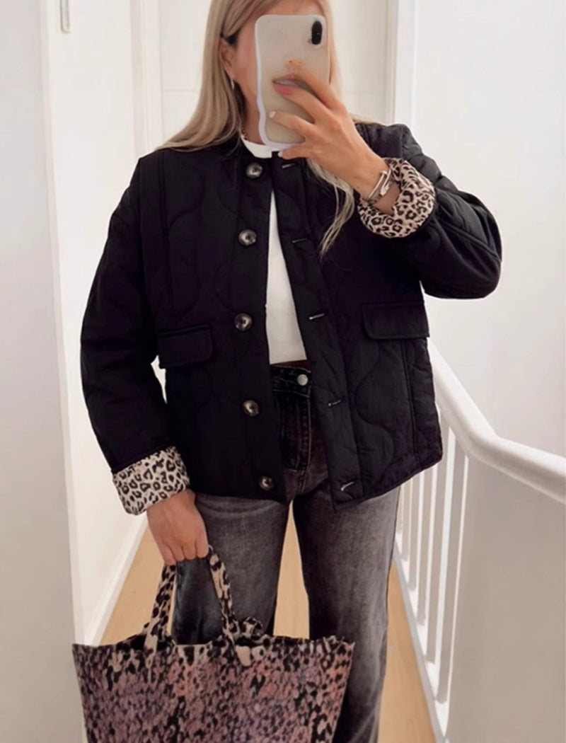 Quilted Jacket with Leopard Print Trim