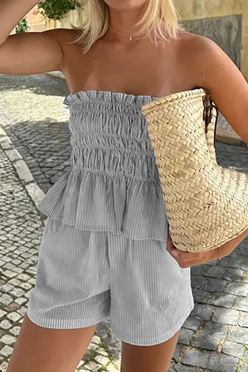 Smocked Strapless Casual Set with Ruffles