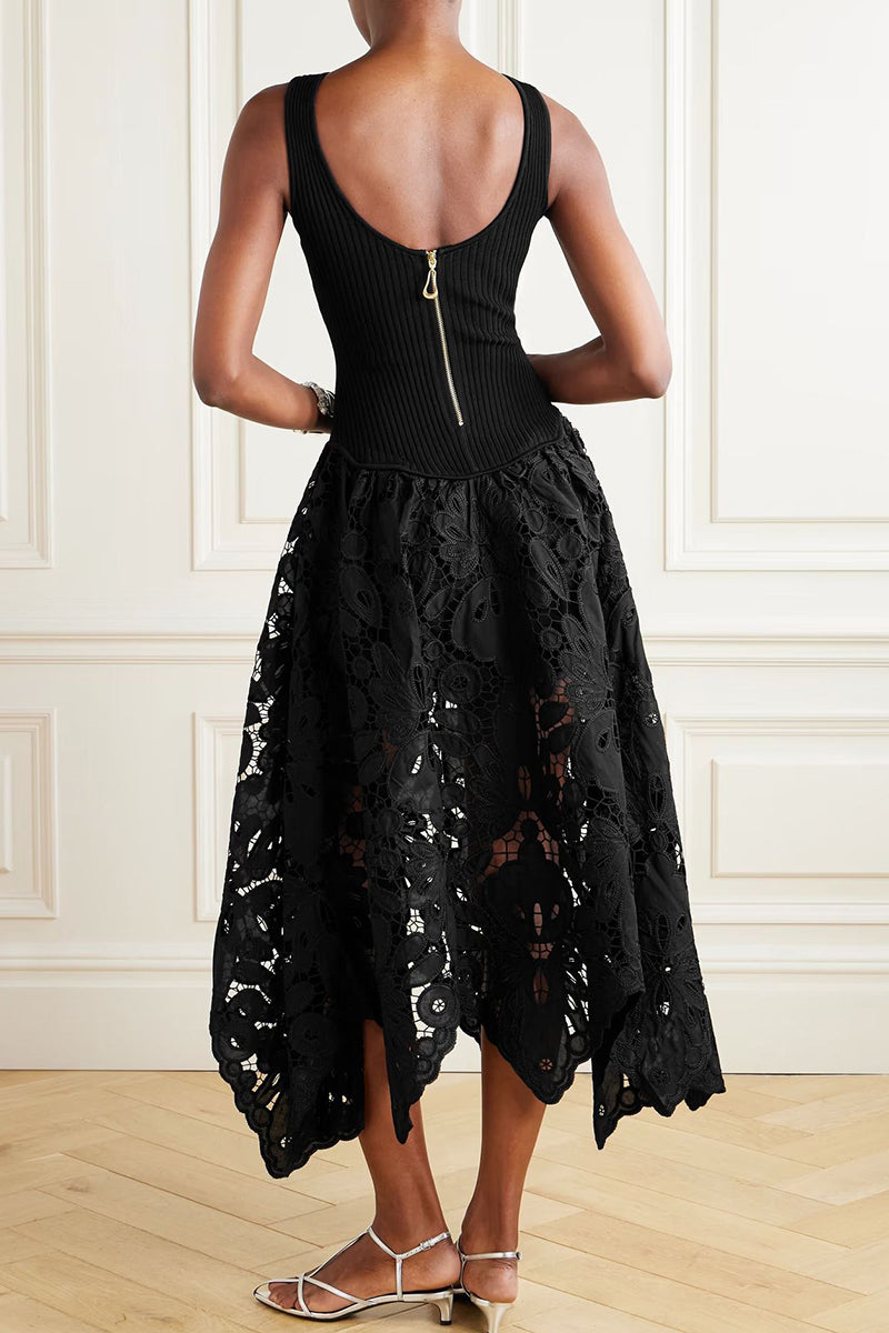 Asymmetric Lace Overlay Midi Dress