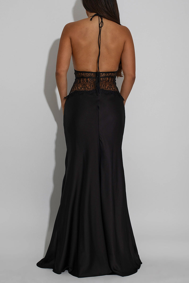 Elegant Halter Lace Detail Maxi Dress