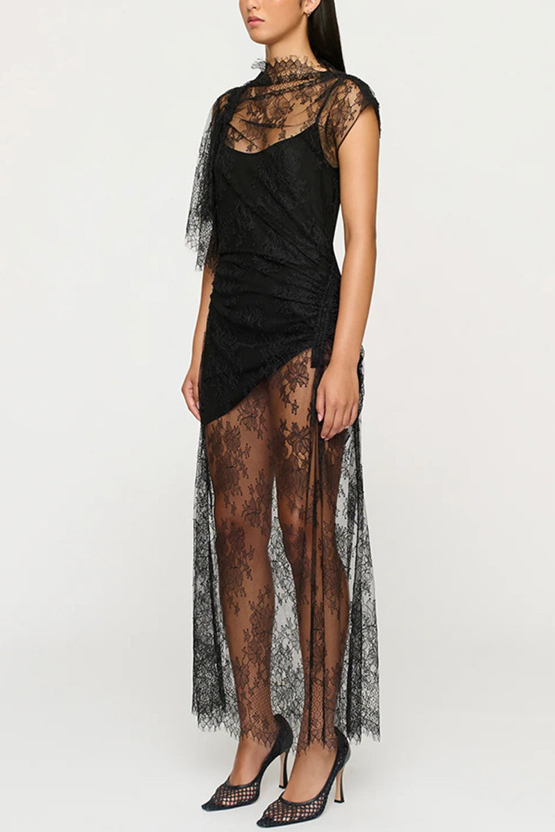 Lace Overlay Casual Dress with Sheer Details