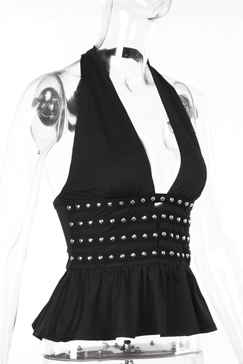 Studded Halter Cutout Tank Top
