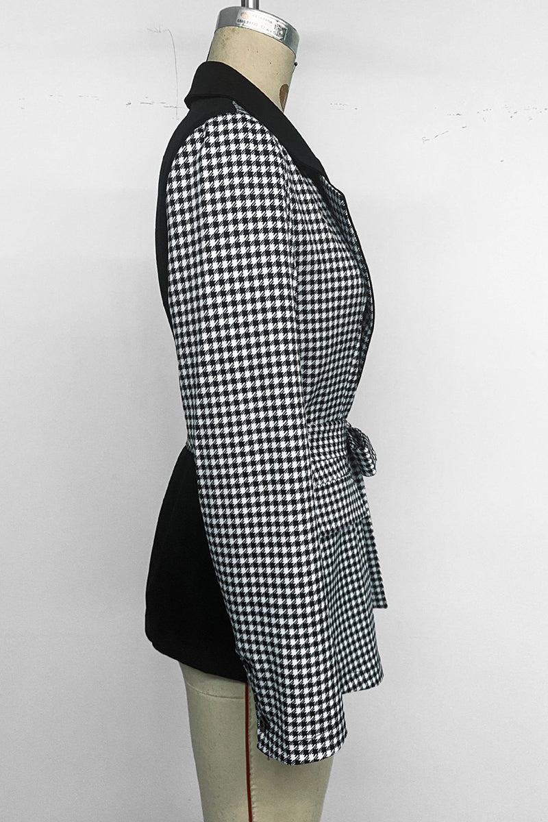 Houndstooth Wrap Blazer with Waist Tie