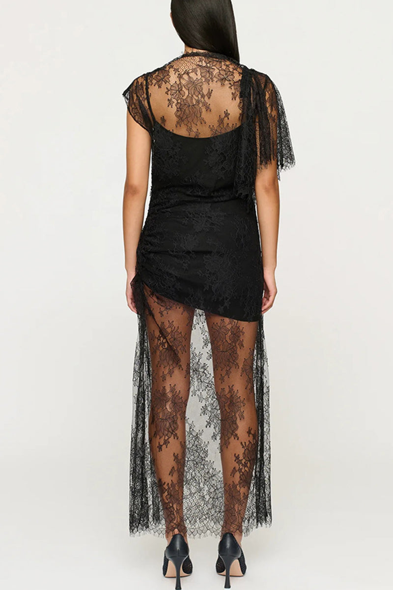 Lace Overlay Casual Dress with Sheer Details
