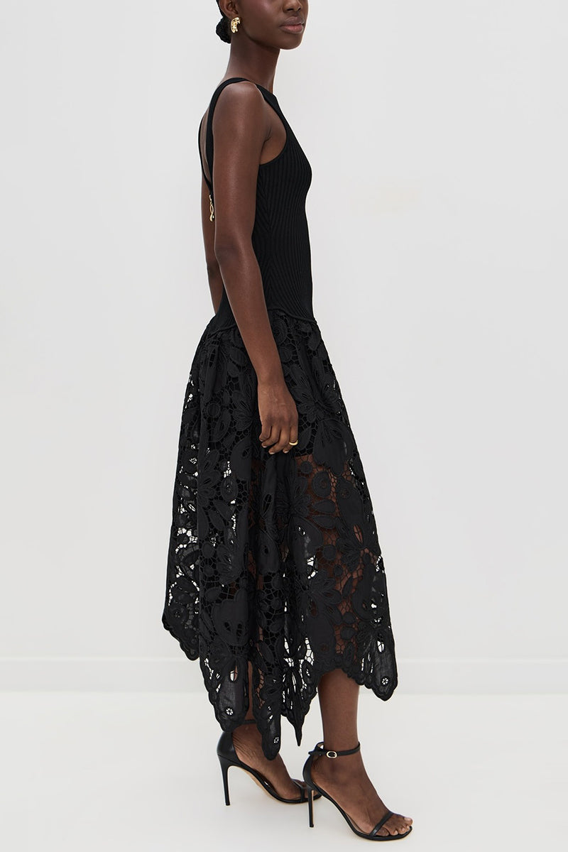 Asymmetric Lace Overlay Midi Dress