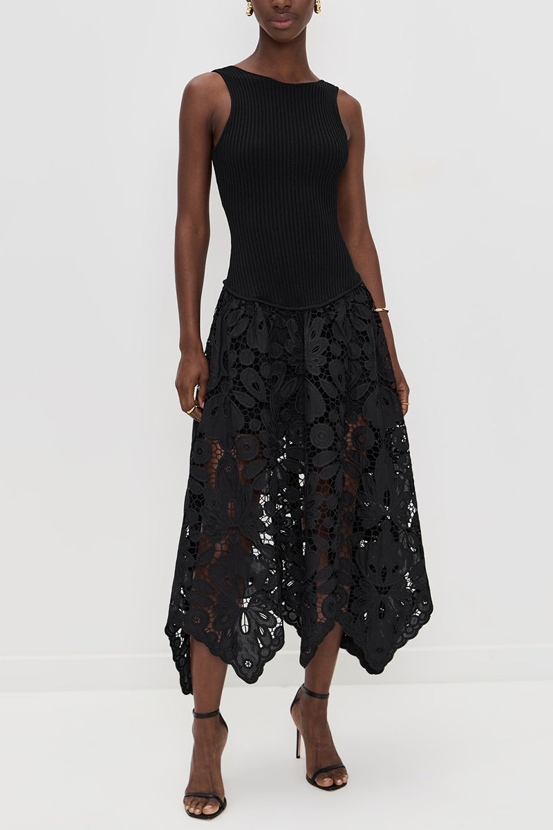 Asymmetric Lace Overlay Midi Dress