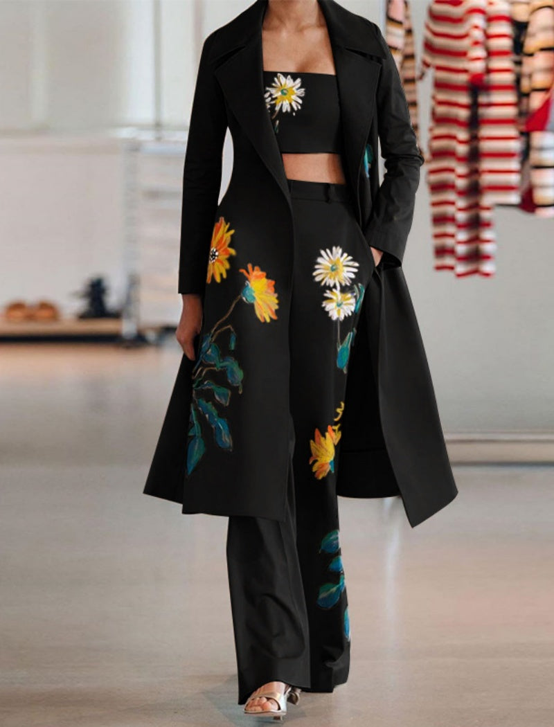 Floral Print Tube and Pants and Trench Coat Set