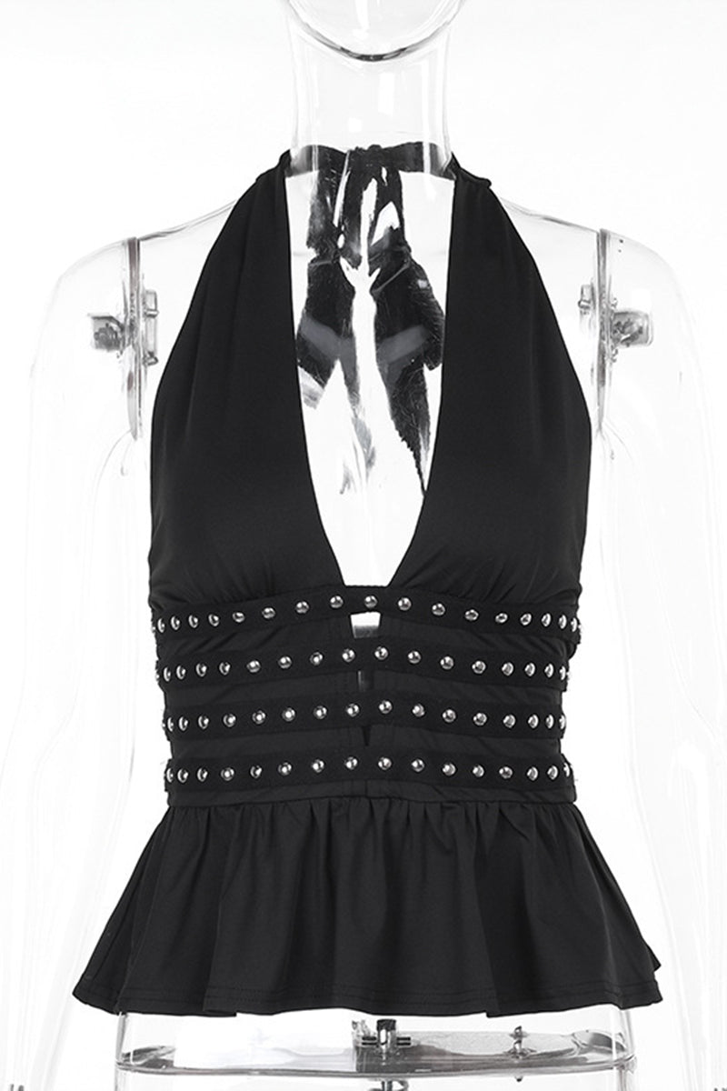 Studded Halter Cutout Tank Top