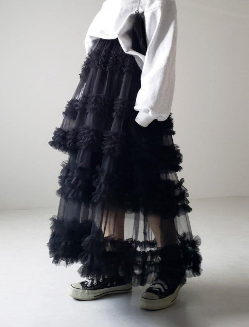 Layered Ruffle Tulle Maxi Skirt