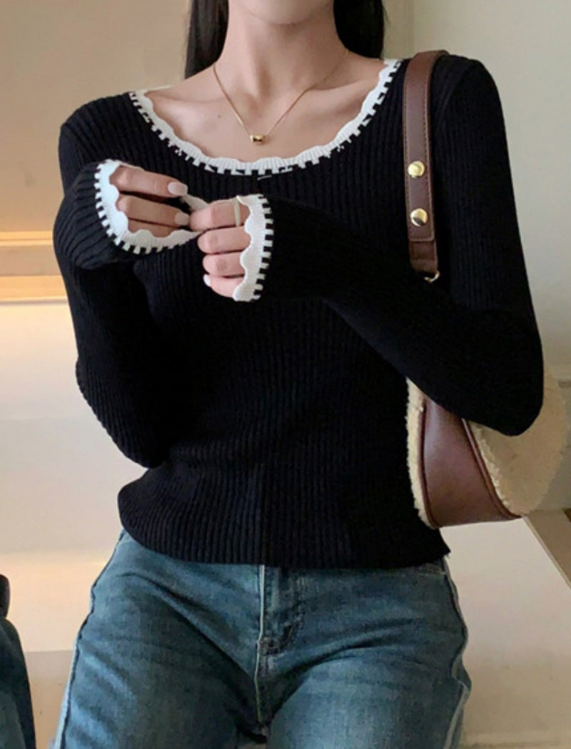 Ribbed Long-Sleeve Knit Top with Contrast Trim