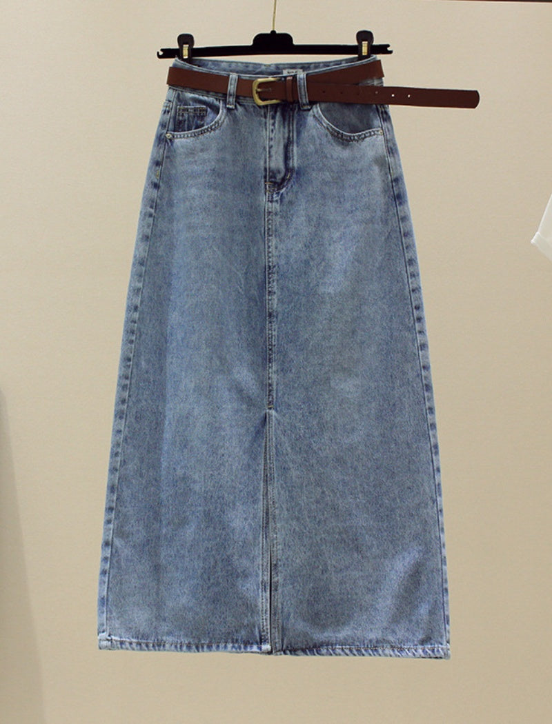 High-Waist Slit Denim Midi Skirt