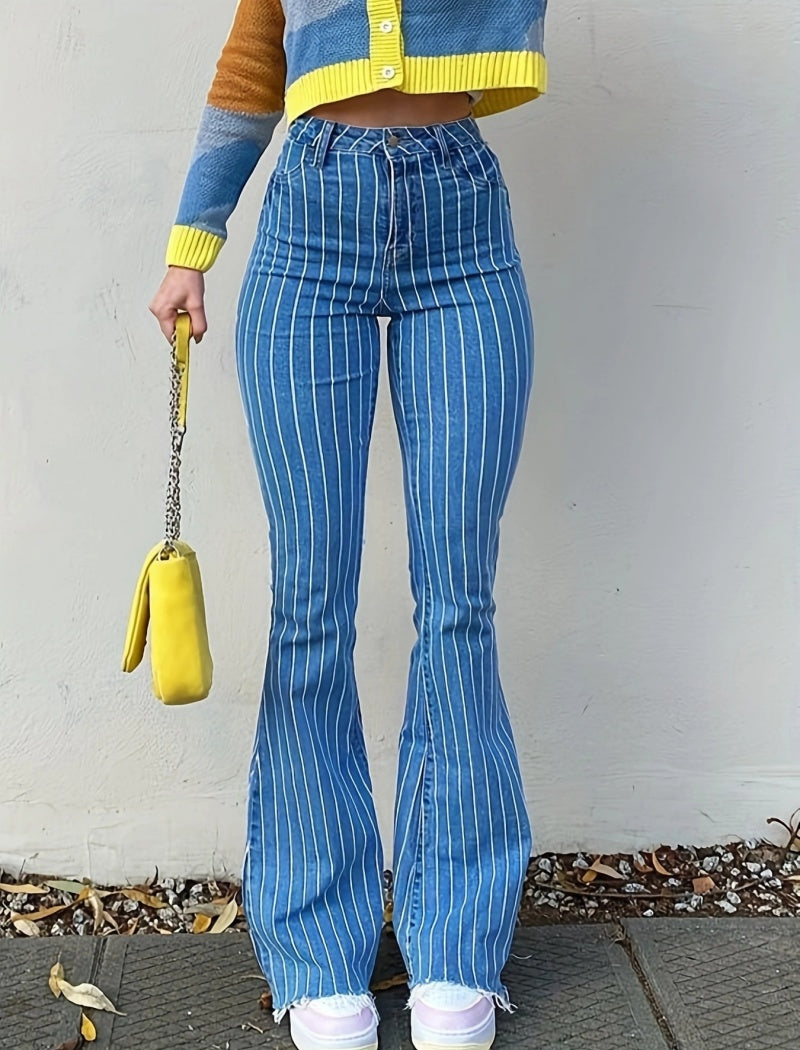 Striped High-Waisted Flare Jeans