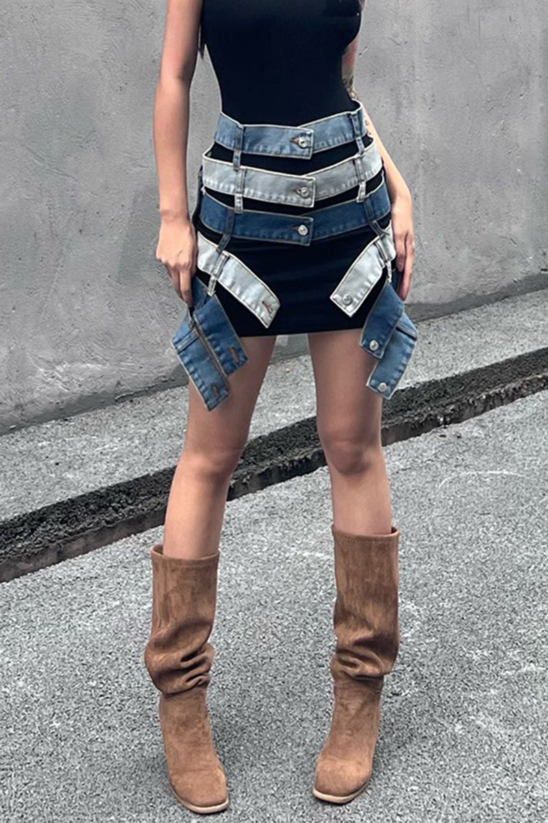 Layered Strap Denim Mini Skirt