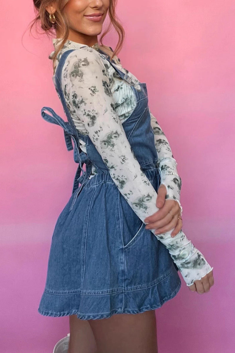 Bow Back Suspender Denim Romper