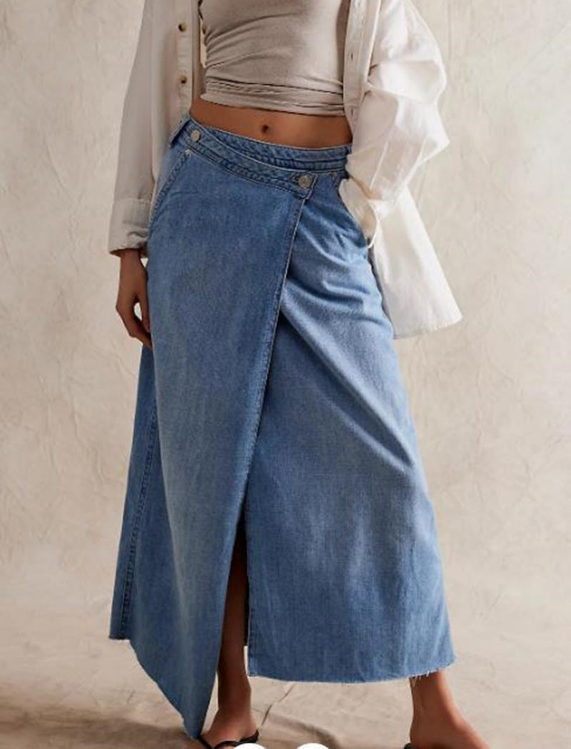 Button-Front Denim Maxi Skirt