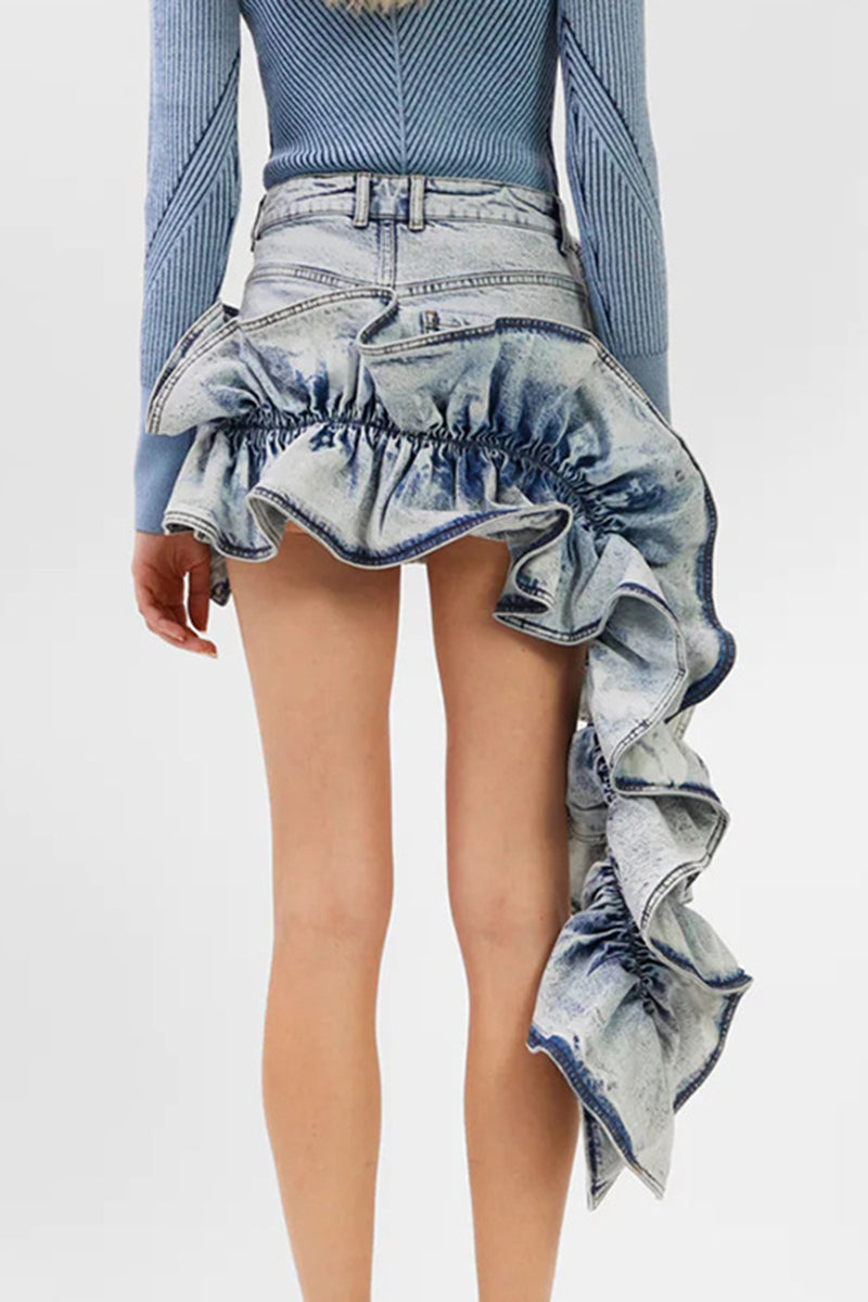 Asymmetrical Ruffle Denim Mini Skirt